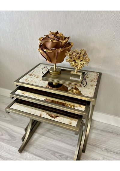 Dekor Yapay Eva Çiçeği Kablosuz Masa Lambası Üst Gold Kahve-alt Eskitme Gold 9v Pil 75-90 Saat