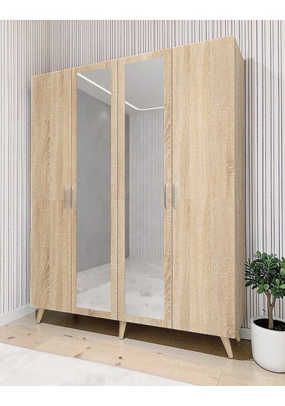 Alara Tamamı Mdf Aynalı Portmanto Vestiyer Ayakkabılık Meşe 140 Cm - M2