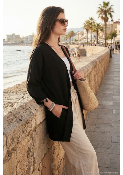 Lela Pamuk Ve Keten Karışımlı Püskül Detaylı Regular Fit Uzun Kimono Bayan Hırka 5869015 Siyah