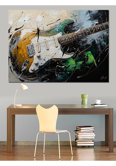Ahşap Tablo Elektro Gitar Ve Renk Patlaması
