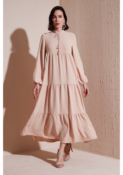 Lela Modest Regular Fit Dik Yaka Uzun Bayan Elbise 611El545 Bej