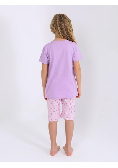 Kız Çocuk Kısa Kollu Kapri %100 Pamuklu Pijama Takımı More Fun Lila