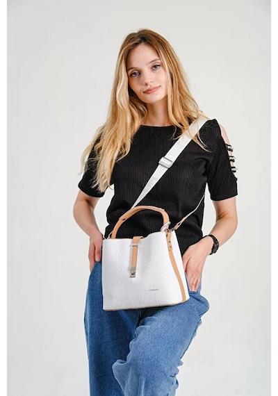 Just Polo Kadın Orta Boy Ayarlanabilir Askılı Şık El & Omuz Çantası Shoulder Bag Beyaz Taba