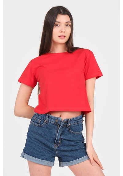 As Collection Kırmızı Bisiklet Yaka Kısa Kol Örme Kadın Crop 001