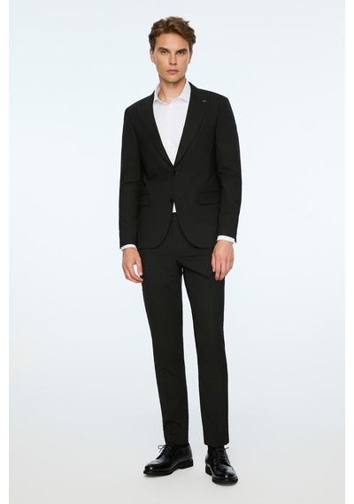 Morven Erkek Siyah Poliviskon Basic Düz Slim Fit Sivri Yaka Takım Elbise 26mc001078001 Siyah