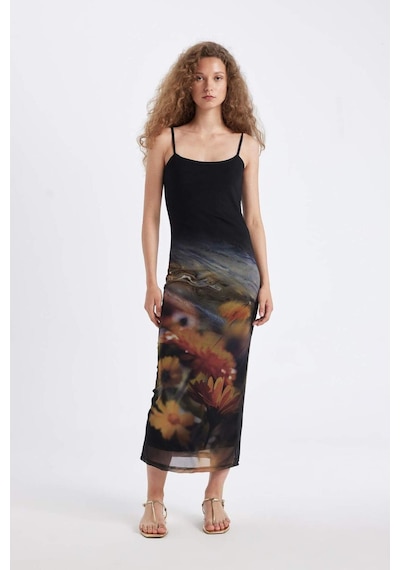 DeFacto Bodycon Vücudu Saran Askılı Desenli Tül Askılı Maxi Elbise D5034AX24AUYL189
