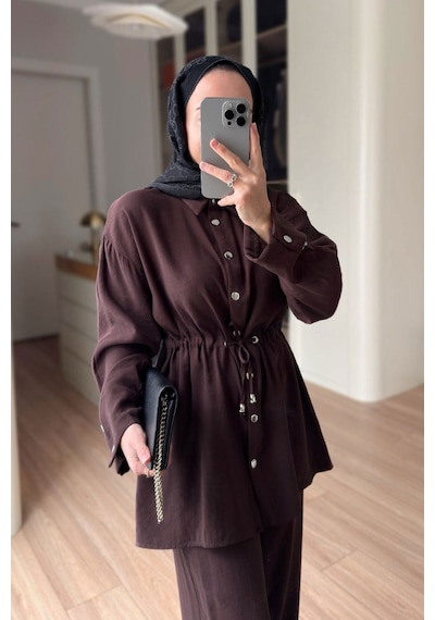 Ka Hijab Çıtçıt Detay Beli Büzgülü Takım - Kahverengi