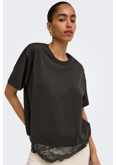 Only Onlvivvi Pamuklu Bisiklet Yaka Dantel Detaylı T Shirt Kadın T Shirt 15385031 Koyu Kahve