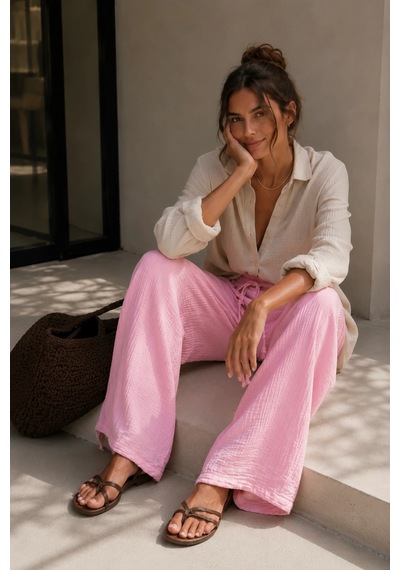 Bbbutikbasic %100 Pamuk Müslin Kumaş Bol Paça Kadın Pantolon My3535 Pembe