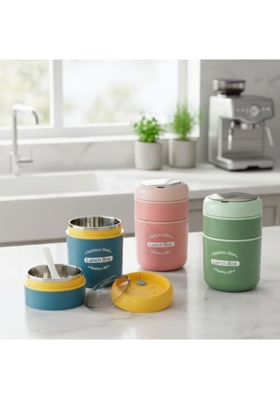 Deconox Çelik Yemek Termosu 2 Katlı Kaşıklı - 304 Paslanmaz Çelik Beslenme Kutusu Sıcak/soğuk Tutma Özellikli Vakumlu Öğle Yemeği Seferi Tası 710 Ml, Çap: 10 Cm, Yük: 15.5 Cm Mavi-sarı