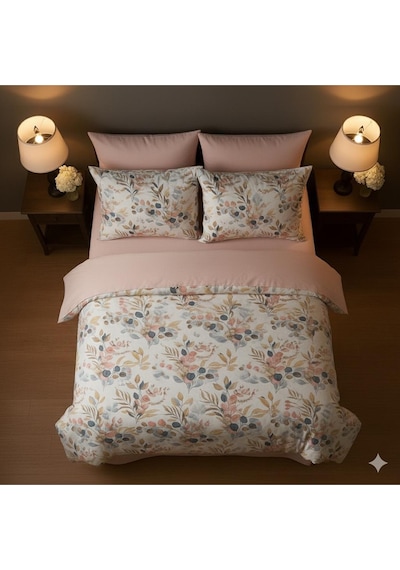 Mystory Home Lastikli Çarşaflı Çift Kişilik Nevresim Takımı Okaliptus Pembe Kahverengi - Pembe