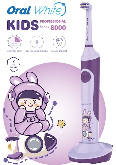 Oral White Professional Series 8000 Çocuklara Özel Şarjlı Diş Fırçası Mor Color Kids Yumuşak Başlık