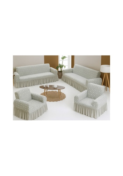 Jakarlı Şal Desen Koltuk, Kanepe, Çekyat Örtüsü, Likralı, Etekli, Koltuk Kılıfı 3+3+1+1 Takım Krem - 797175283 Krem