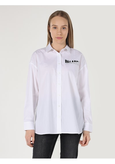 Colin's Regular Fit Yazı Baskılı Beyaz Kadın Uzun Kol Gömlek CL1062956_Q1.V1_WHT