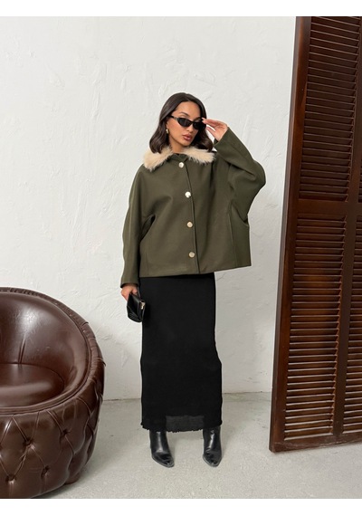 Verymoda Peluş Yakalı Dügmeli Kaşe Mont F2048 Haki