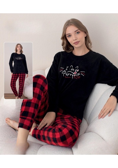 Boyraz Kadın Kışlık Bisiklet Yaka Soft Kadife Pijama Takımı 07018 - 1 Adet Siyah