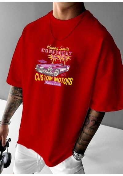 Custom Motor Baskılı Oversize Tişört Kirmizi