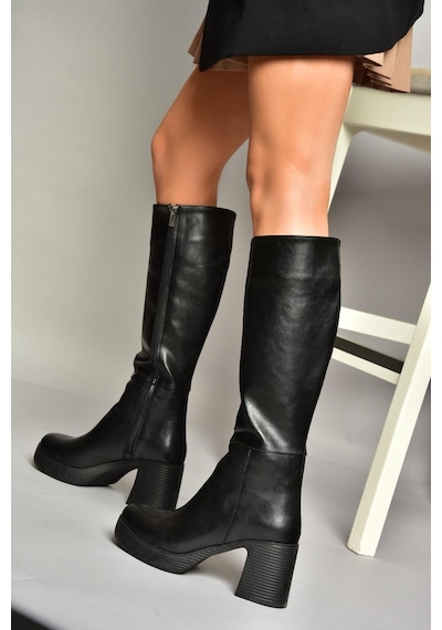Fox Shoes T282099909 Siyah Kalın Topuklu Kadın Çizme Siyah-Suni Deri
