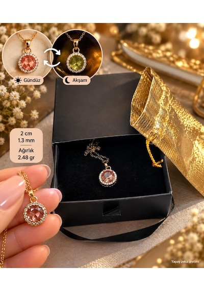 Zultanit Kolye Renk Değiştiren Sultanit Gold Renk Çelik Zincir Kutulu Keseli Çok Renkli