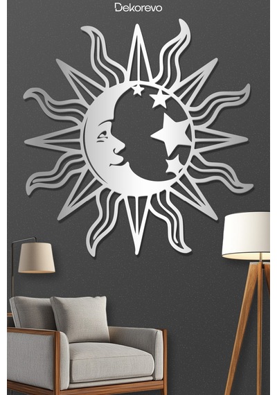 Mistik Kozmos Güneş Ve Ay Metal Duvar Dekoru - Metal Duvar Sanatı - Gümüş - 30 X 30 Cm