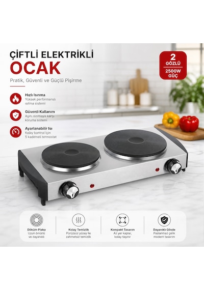 İki Gözlü Elektrikli Ocak Paslanmaz Çelik Gövde
