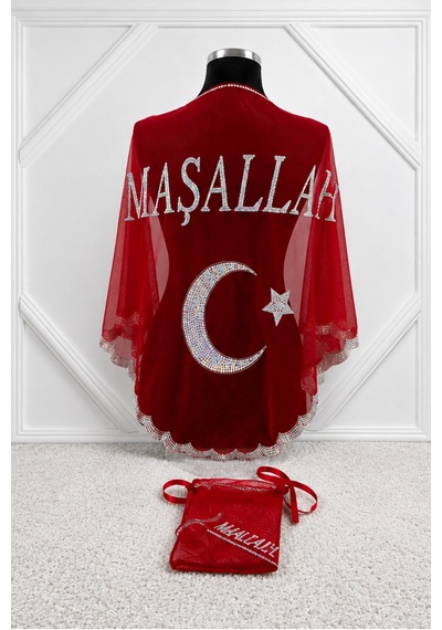 Azra Kına Kırmızı Ayyıldızlı Maşallah Pullu Örtü, Sünnet, Mevlid Töreni, Sünnet Omuz Örtüsü Sünnet Şalı, Kına Örtüsü