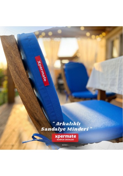 Arkalıklı Sandalye Minderi Oval Bağcıklı Mutfak Bahçe Balkon Minderi Mavi