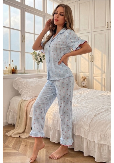 Bella Notte Mavi Soft Kiraz Desenli Kısa Kollu Yazlık Pijama Takımı