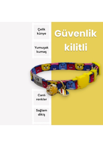 Güvenlik Kilit İsimli Kedi Tasması-sallanmayan Sarı Laci Kms