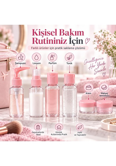 Seyahat Şişe Seti 6 Parça, 4 Adet 60 Ml Şişe Ve 2 Adet 20 Ml Kavanoz, Pompalı Sprey Kapaklı Seyahat Kozmetik Seti, Seyahat Şişe Seti Pembe