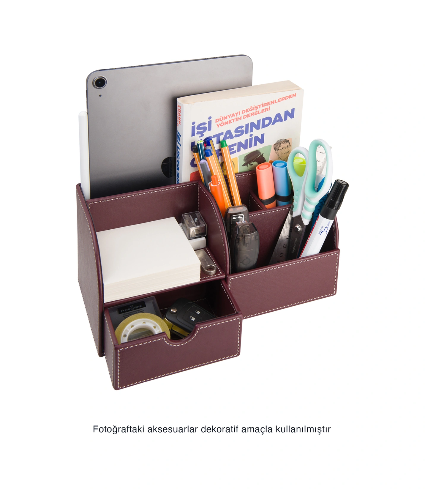 Masaüstü Düzenleyici,kalemlik,kumandalık,küpbloknotluk,tabletlik,kitaplık,6 Gözlü,çekmeceli,desktop Organizer,vegan,24,5 13 12 Bordo