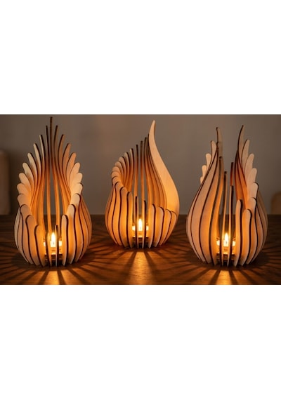 Ateş 3'lü Tealight Mumluk Ahşap Mumluk + Led Pilli Mum Ham Mdf