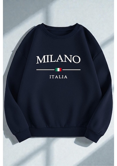 Uyguntarz Unisex Milano Italıa Tasarım Baskılı Bisiklet Yaka Sweatshirt Lacivert