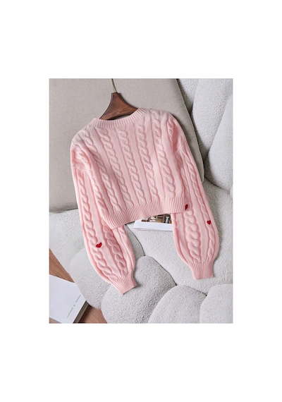 Sayzen Your Shine Kalp Nakış Detaylı Saç Örgülü Crop Kadın Kazak Pembe
