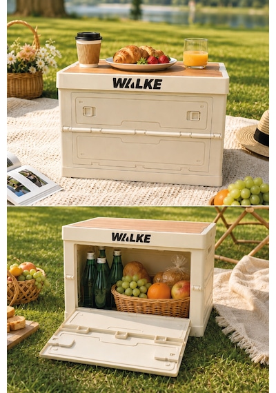 Walke Campbox Katlanabilir Kamp Masası Ve Saklama Kutusu 50x38 Cm Ahşap Kapaklı Bej