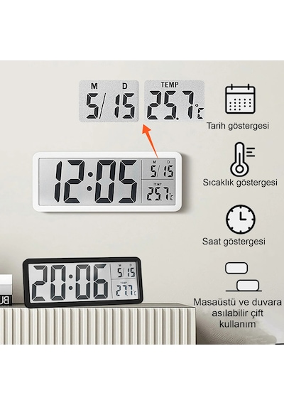 Lcd Ekranlı Modern Tasarım Dijital Duvar Saati Usb Pilli Zaman Tarih Sıcaklık Saat Gösterimi 20x8cm Açık Gri