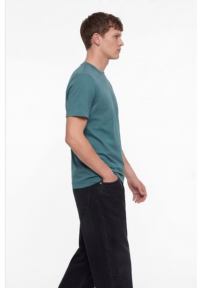 Sabri Özel Erkek Petrol Normal Kesim Regular FitPamuk Dokuma Bisiklet Yaka Basic T-shirt
