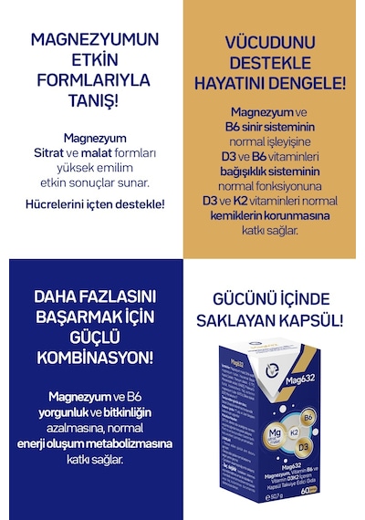 Evopharma Mag632 Magnezyum, Vitamin B6 Ve Vitamin D3k2 İçeren Takviye Edici Gıda