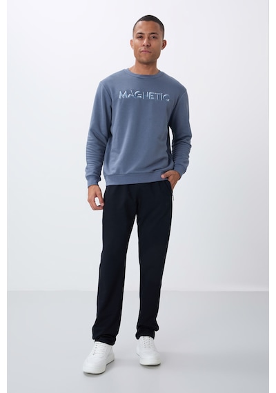 Tommy Life Petrol Yazı Nakışlı O Yaka Rahat Form İçi Polarlı Erkek Sweatshirt - 88020 PETROL