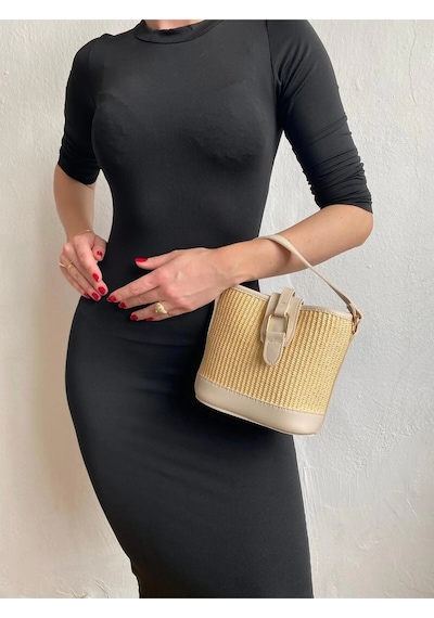 Glemix Alin Hasır Vizon Kontrast Kova Model Kadın Omuz Çantası Vizon