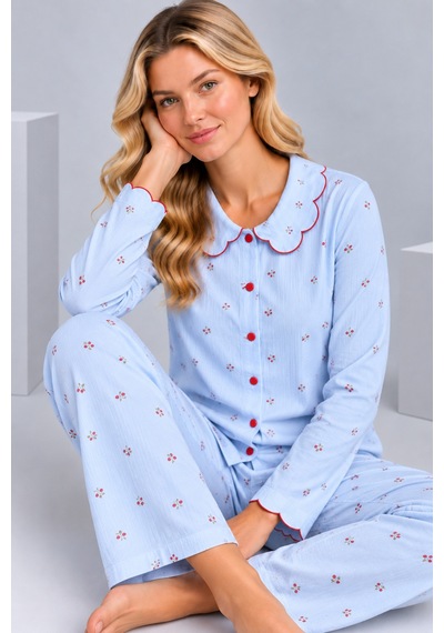 Pijamask Kadın Çiçek Desenli Bebe Yaka Düğmeli Uzun Kollu Müslin Pijama Takımı Mavi