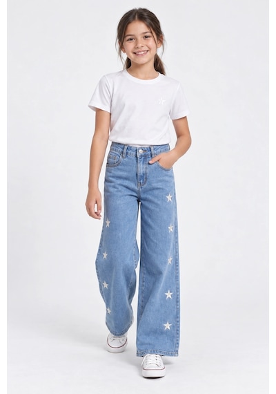 Rony Pony Kids Kız Çocuk Yıldız Nakışlı Bol Paça Jean Pantolon Açık Mavi Yüksek Bel Denim