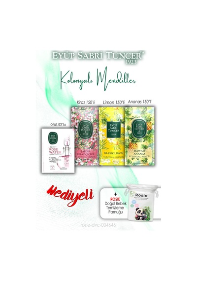 Eyüp Sabri Tuncer Yüz Temizleme Mendili + Ananas + Gül + Kiraz + Limon Kolonyalı Mendil + Rosie