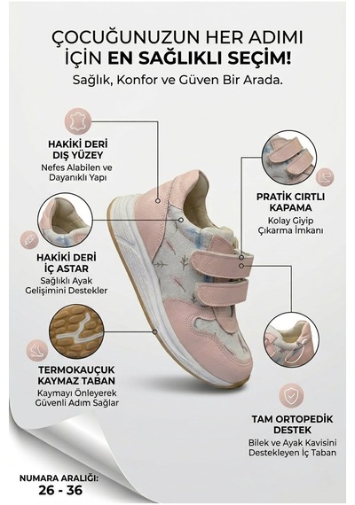 Perlina Tam Ortopedik İç Dış Hakiki Deri Kız Çocuk Ayakkabı Pembe