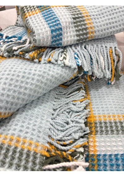 Sesli Comfort Mavi Yeşil Sarı Ekose Skoç Pamuk Örme Battaniye 200x220 Çift Kişilik Battal Diğer