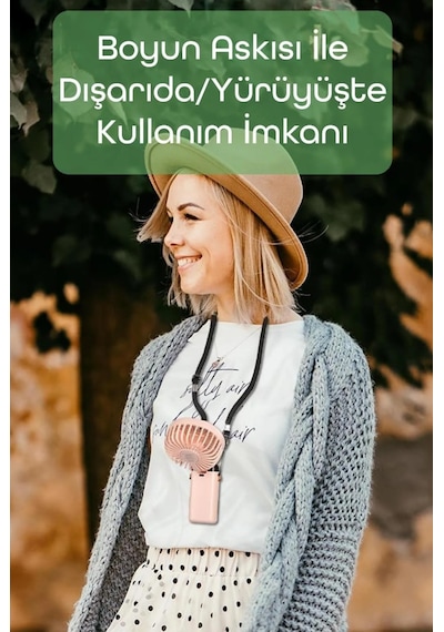 Lcd Ekranlı Şarjlı El Fanı Mini Vantilatör 5 Kademe Sessiz Boyun Askılı Pembe Fan