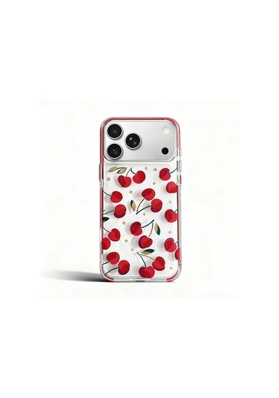 Apple Uyumlu iPhone 17 Pro Kiraz Desenli Taş Çerçeveli Sert Şeffaf Kılıf