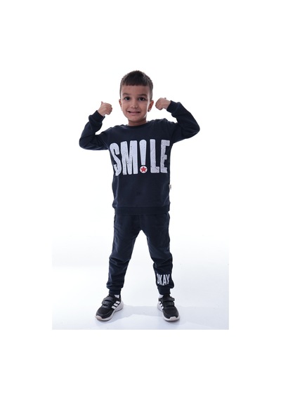 Erkek Çocuk Eşofman Takımı Smile Baskılı Rahat Spor Üst Alt Takım Günlük Kombin Siyah