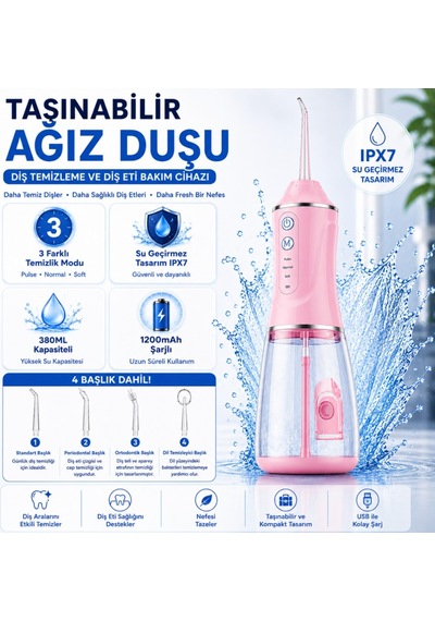 Polham Taşınabilir Şarjlı Ağız Duşu 380 Ml Diş Ve Diş Eti Bakım Cihazı ,1200 Mah, Ipx7 Su Geçirmez, 3 Temizlik Modlu, 4 Başlıklı