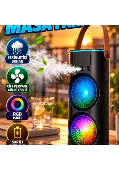 Çift Pervaneli Buharlı Masa Fanı Şarjlı, 3 Hız Ayarlı Ve Rgb Işıklı